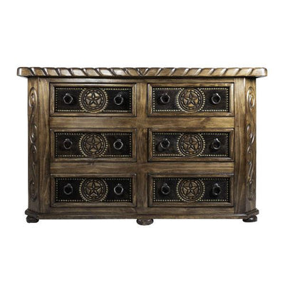 This rustic dresser is handcrafted with luxurious cowhide panels featuring delicate rope carvings. Create a unique look in your home with this stunning piece of furniture.