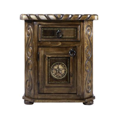 This rustic nightstand features hand-carved star and rope designs, with cowhide panels for unique texture. High-quality craftsmanship ensures lasting beauty, perfect for completing any home décor.