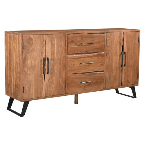 This Crestone console boasts live edge doors, crafted from acacia wood for a natural and unique look. The sleek metal base provides a sturdy and modern foundation. Experience the durability and style of this expertly designed piece.