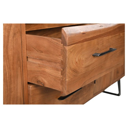 This Crestone console boasts live edge doors, crafted from acacia wood for a natural and unique look. The sleek metal base provides a sturdy and modern foundation. Experience the durability and style of this expertly designed piece.