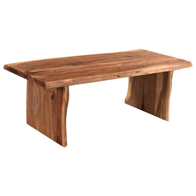 Angled view of solid acacia live-edge coffee table showing organic edge and thick wood slab top