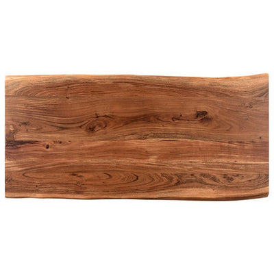 Top view detail of acacia wood coffee table showing natural grain, knots, and organic live-edge contour