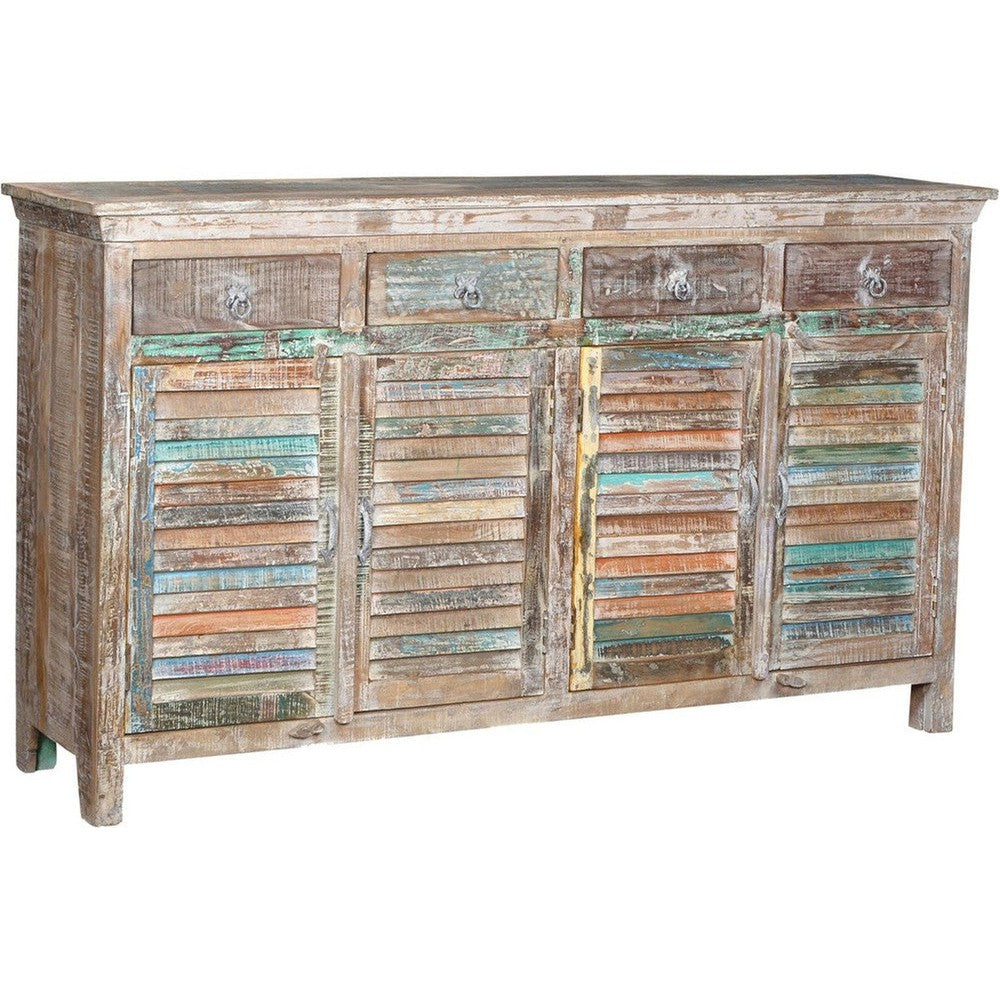 The Eartha Shutter Sideboard is a rustic charm crafted from reclaimed wood. The multicolored paint accentuates the natural beauty, while shutter doors offer a modern twist. The solid construction ensures durability, making it a stylish and reliable choice for your home.