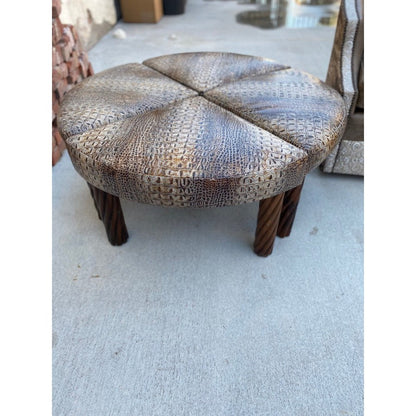 This elegant Egyptian Ottoman is constructed of 4 sections with spindle legs and top grain leather for a timeless, luxurious look and feel. Enjoy the comfort of a round ottoman with the classic character of an Old World design and the ability to pull apart and use as individual seating.
