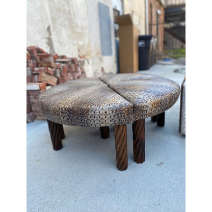 This elegant Egyptian Ottoman is constructed of 4 sections with spindle legs and top grain leather for a timeless, luxurious look and feel. Enjoy the comfort of a round ottoman with the classic character of an Old World design and the ability to pull apart and use as individual seating.