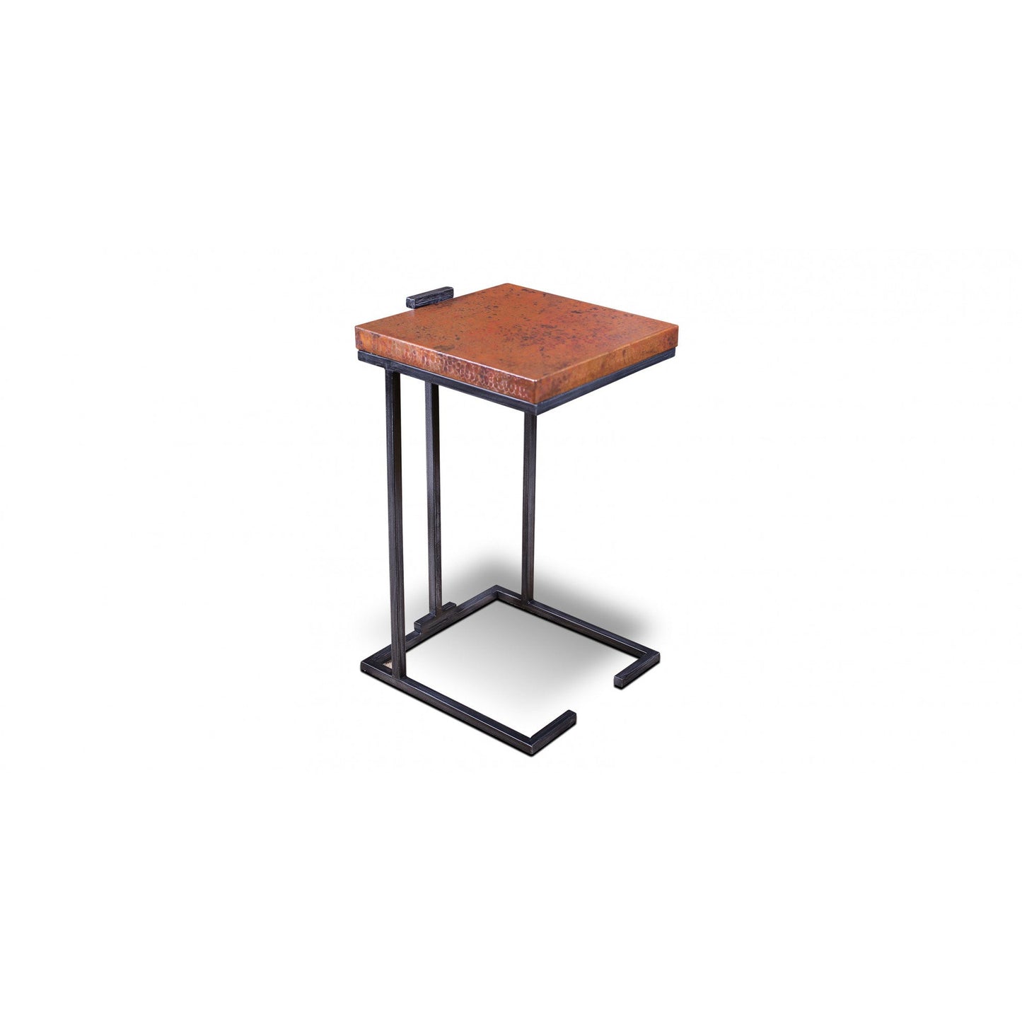 The Escalade Copper Side Table is a luxurious accent piece crafted with recycled hand hammered copper and forged iron base for a timeless look. Its sturdy construction makes it a durable addition to any living space.
