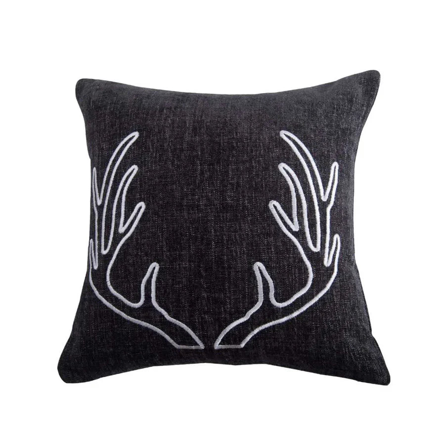 Gray Chenille Embroidered White Antler Pillow