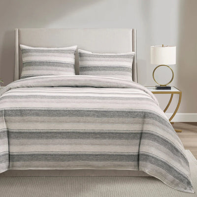 100% French Flax Linen Variegated Stripe Duvet Cover Set - Charcoal
