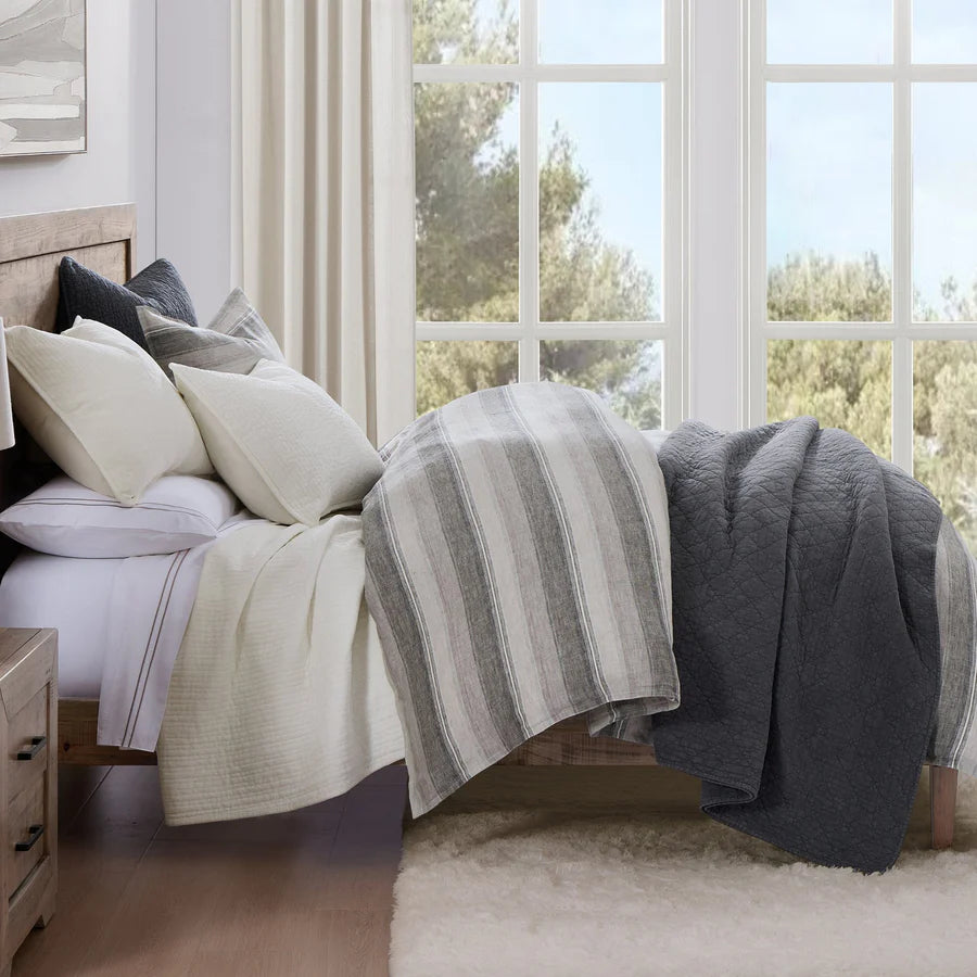 100% French Flax Linen Variegated Stripe Duvet Cover Set - Charcoal