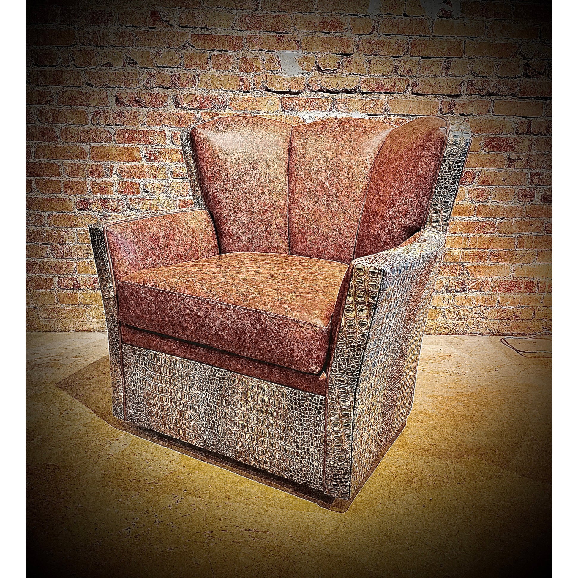 The Fargo Whiskey Croc Chair boasts a sturdy construction and luxurious top grain leather upholstery, featuring an embossed crocodile pattern for a unique and stylish look. Its swivel function allows for easy movement, while providing a comfortable and supportive seat. Upgrade your space with this beautifully-designed, comfortable chair.