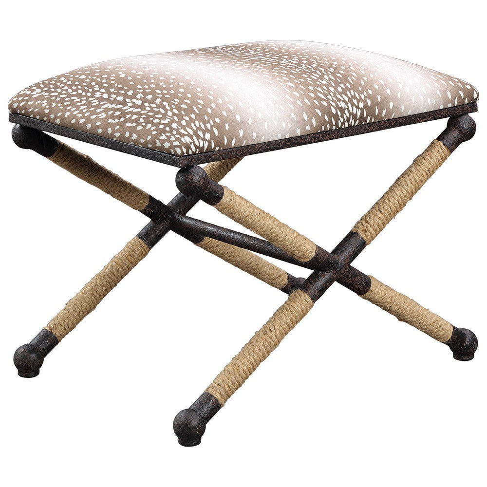 Stay trendy with this nature-inspired Fawn Small Bench. Crafted with a rustic iron frame and natural fiber rope details, the neutral fawn patterned top adds a modern twist. Perfect for any cozy room.