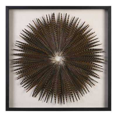 This Feather Burst Shadow Box is a unique work of art, crafted from natural materials to create a striking starburst design. Teeming with hints of blue and burgundy, each Pheasant feather is hand laid against a linen background, creating a luxurious display that will last for years. The shadow box frame is made of fir wood, with a sophisticated black finish, and the artwork is protected by a glass front.