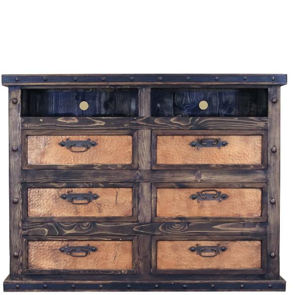 Elevate your decor with this beautiful Finca Copper Media Dresser. Crafted with hammered copper panels and rustic metal accents, this furniture piece offers an effortless blend of rustic vibes and modern flair. It's a timeless classic that's perfect for adding a touch of style to any living space.