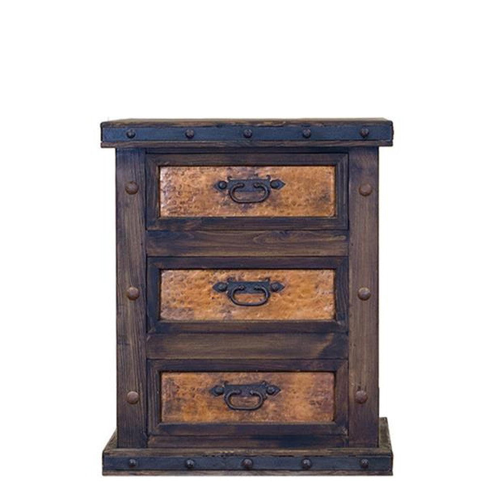 The Finca Copper Nightstand is a stylish addition to any bedroom. With a frame of copper panels and metal banding accents, this nightstand is sure to add a touch of refinement to your space. Its simple design is sure to fit in with any decor style.
