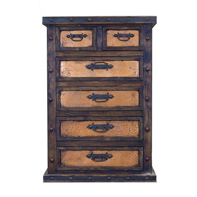 Wooden chest with five drawers featuring hammered copper panels
