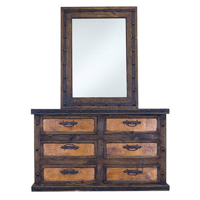 Wooden dresser with six drawers, hammered copper panels, and matching mirror