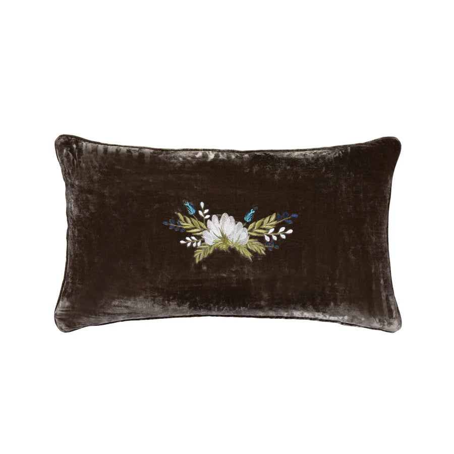 Stella Western Floral Embroidered Silk Velvet Lumbar Pillow