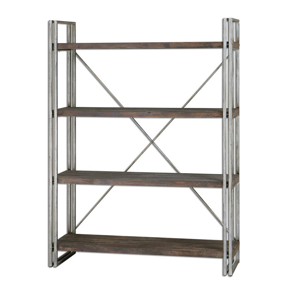 Antiqued silver metal frame and cross stretchers with walnut stained all the way around, weathered fir wood shelf planks.