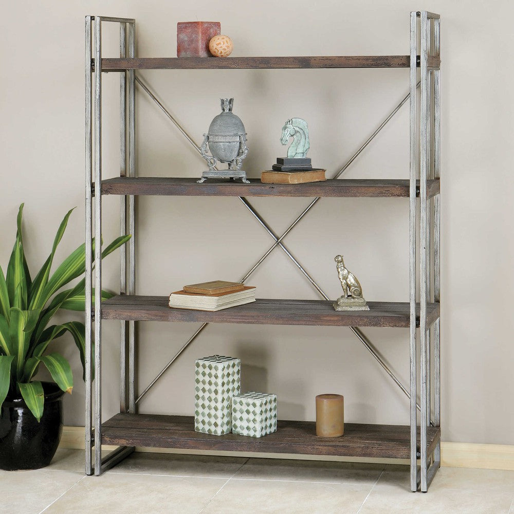 Antiqued silver metal frame and cross stretchers with walnut stained all the way around, weathered fir wood shelf planks.