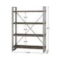 Antiqued silver metal frame and cross stretchers with walnut stained all the way around, weathered fir wood shelf planks.