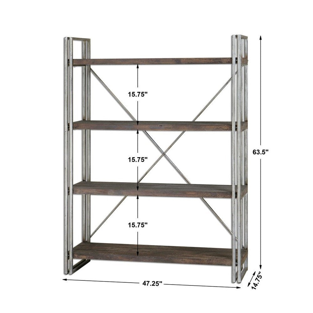 Antiqued silver metal frame and cross stretchers with walnut stained all the way around, weathered fir wood shelf planks.