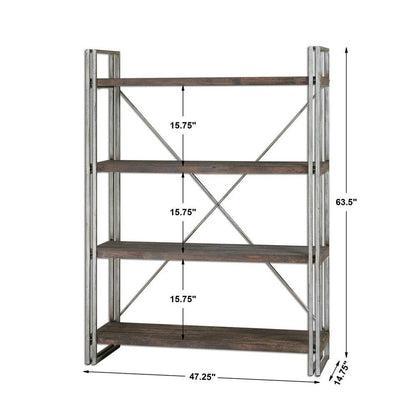 Antiqued silver metal frame and cross stretchers with walnut stained all the way around, weathered fir wood shelf planks.