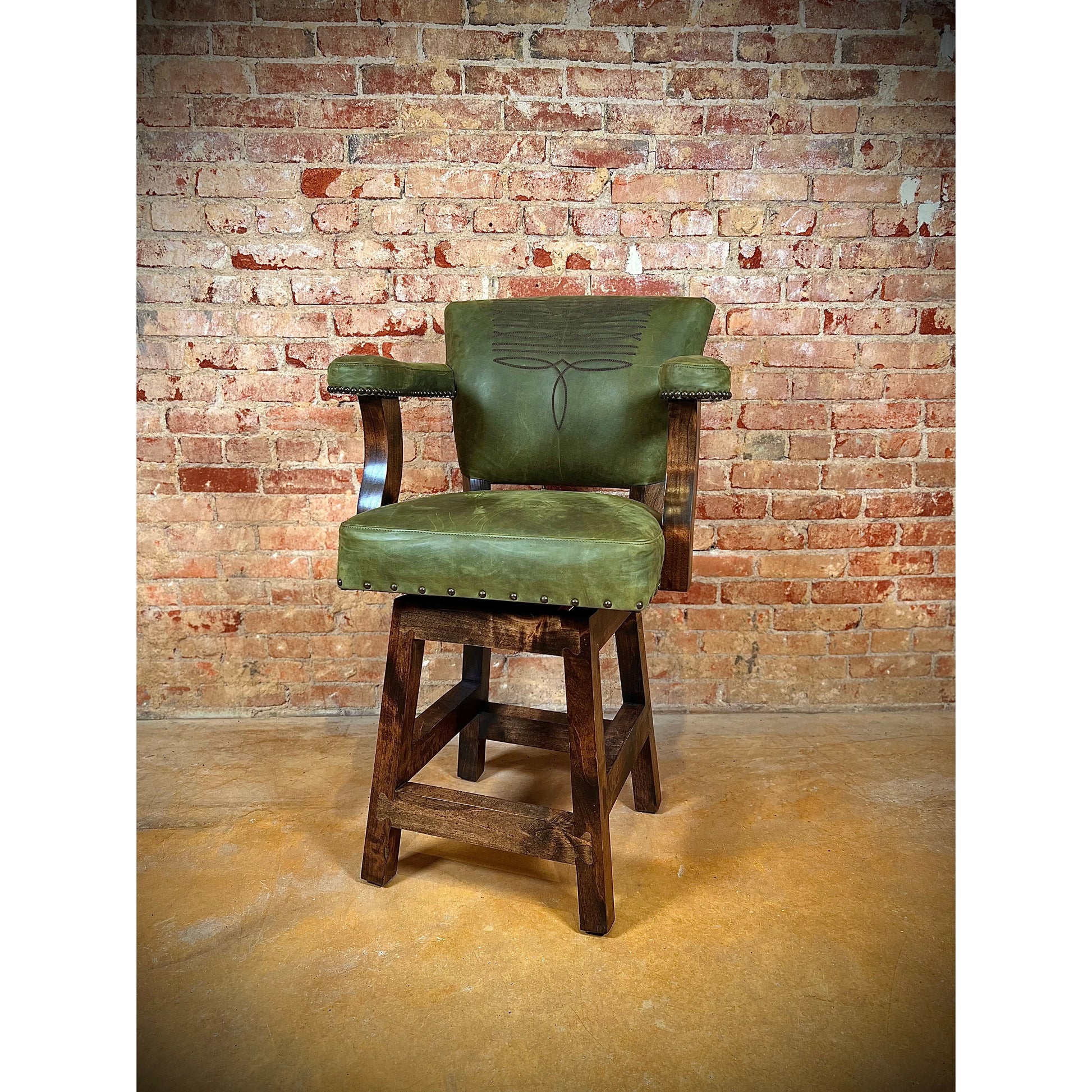 dark sage green leather barstool with back and arms