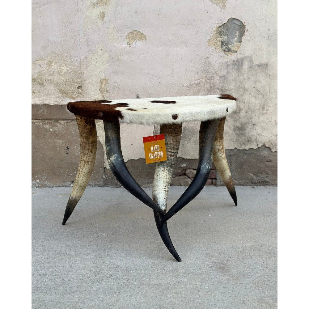 This stylish Half Round Horn Table is the perfect accent piece for your living room. Its half round shape offers an interesting silhouette while the cowhide top adds texture and visual interest. The distinctive horn base is sure to draw attention and create conversation. A unique combination of style and sophistication.