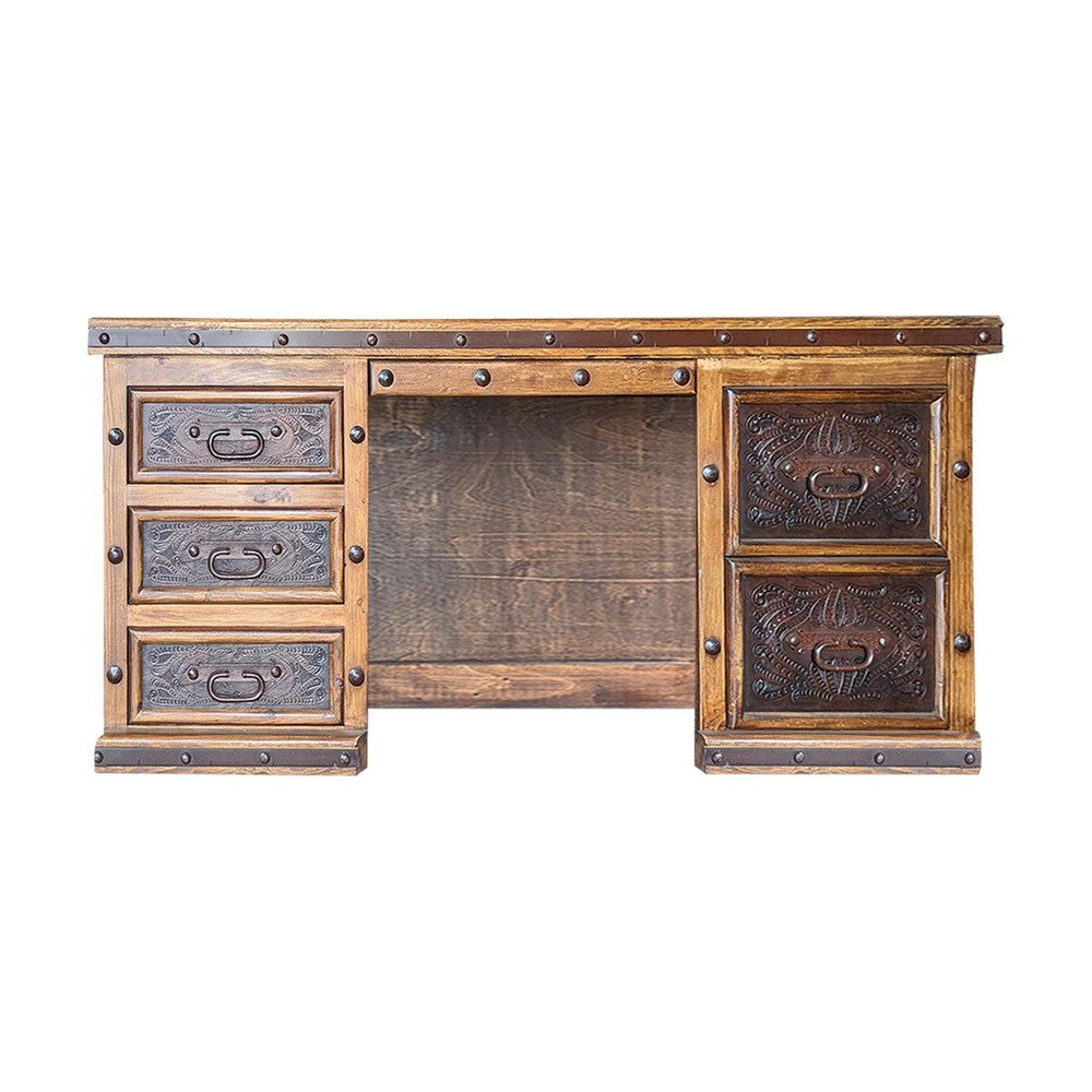 This stunning Hand Carved Tooled Leather Desk is sure to be the focal point of any room. Crafted with hand-carved tooled leather panels and a travertine top, this gorgeous piece provides a timeless look with its classic details and durable construction. Its unique character will make a lasting impression.