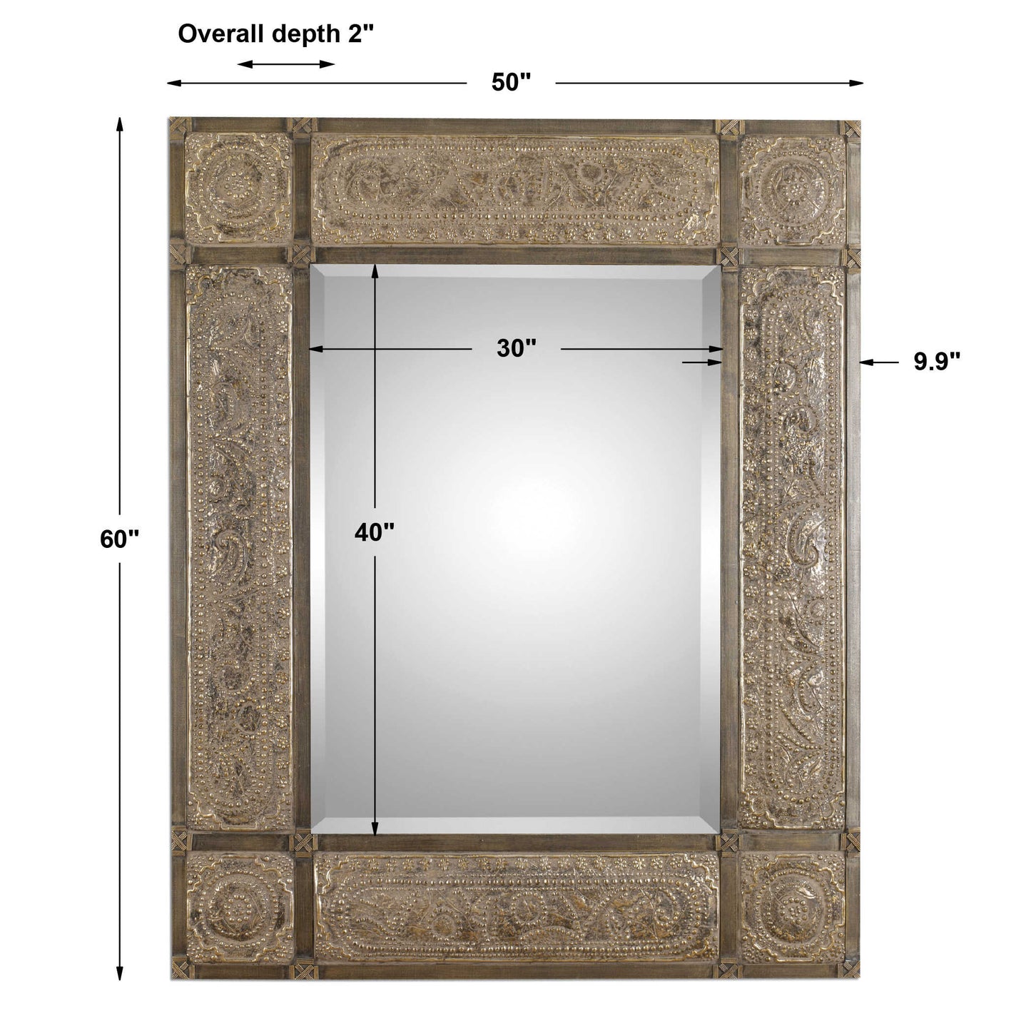 This ornate frame features heavily distressed, golden champagne leaf with black undertones, deep red dry brushing and a heavy, rusty tan wash. Mirror has a generous 1 1/4" bevel and may be hung horizontal or vertical.