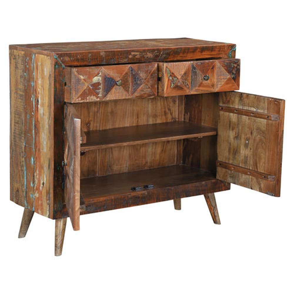 This Hill Country Sideboard 40" is crafted from reclaimed wood, with a stunning geometric pattern on the doors. Its sturdy design ensures it will last for years to come, while its rustic charm adds character to any room. Its timeless beauty and classic style make it a perfect addition to any home.
