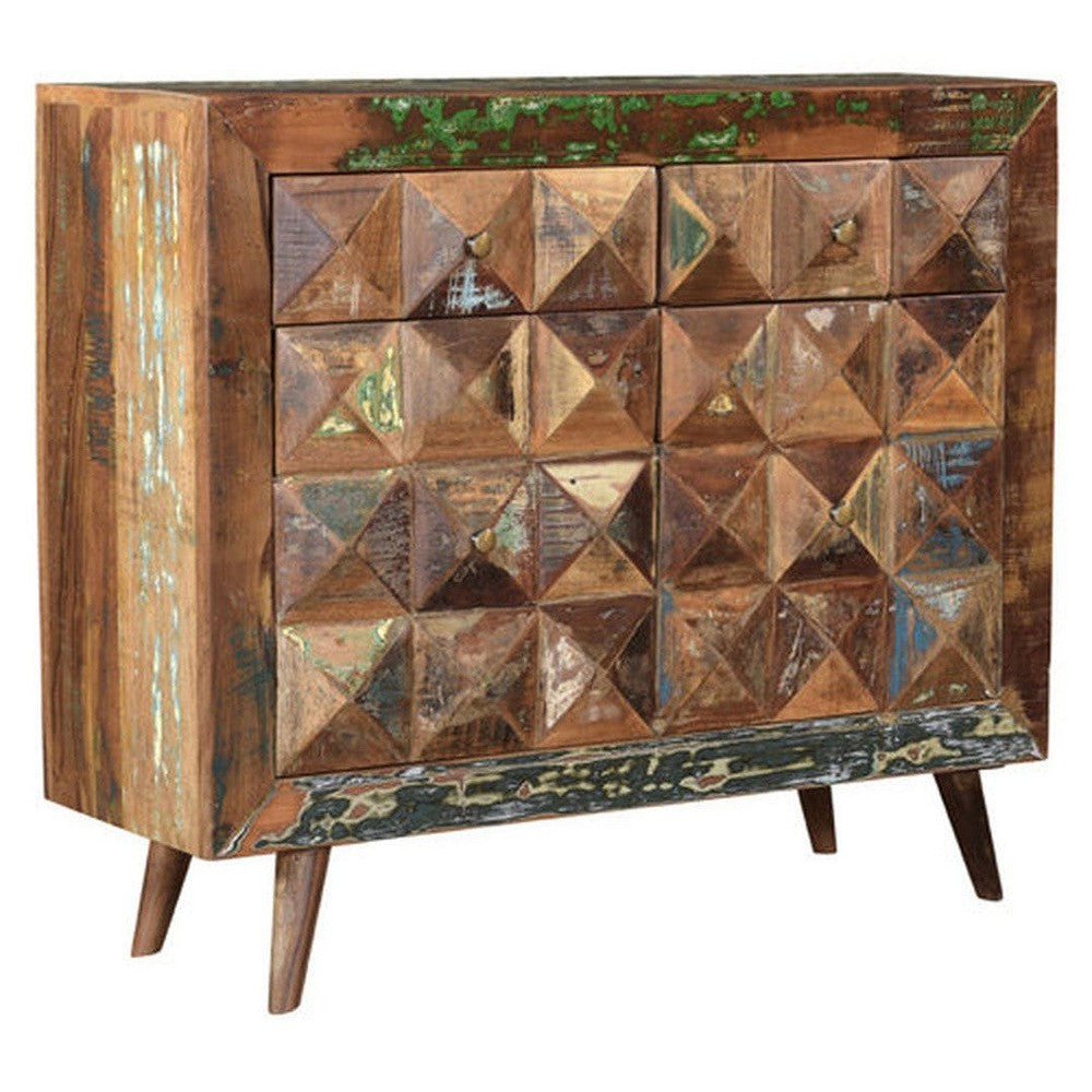 This Hill Country Sideboard 40" is crafted from reclaimed wood, with a stunning geometric pattern on the doors. Its sturdy design ensures it will last for years to come, while its rustic charm adds character to any room. Its timeless beauty and classic style make it a perfect addition to any home.