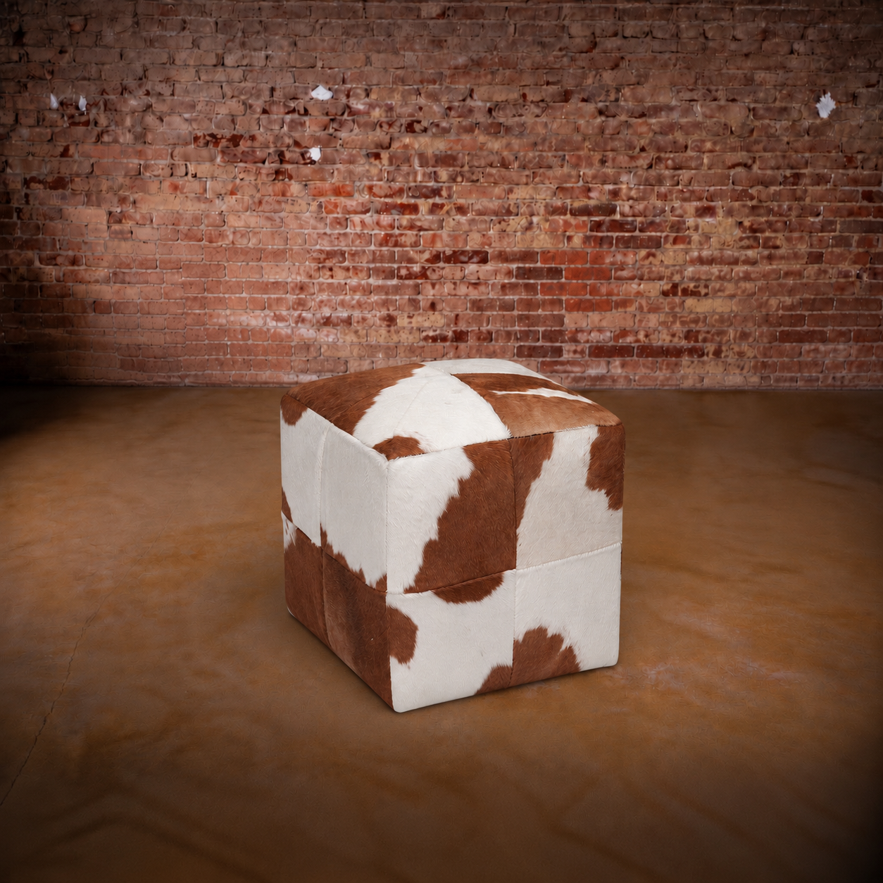 Brown & White Cowhide Pouf