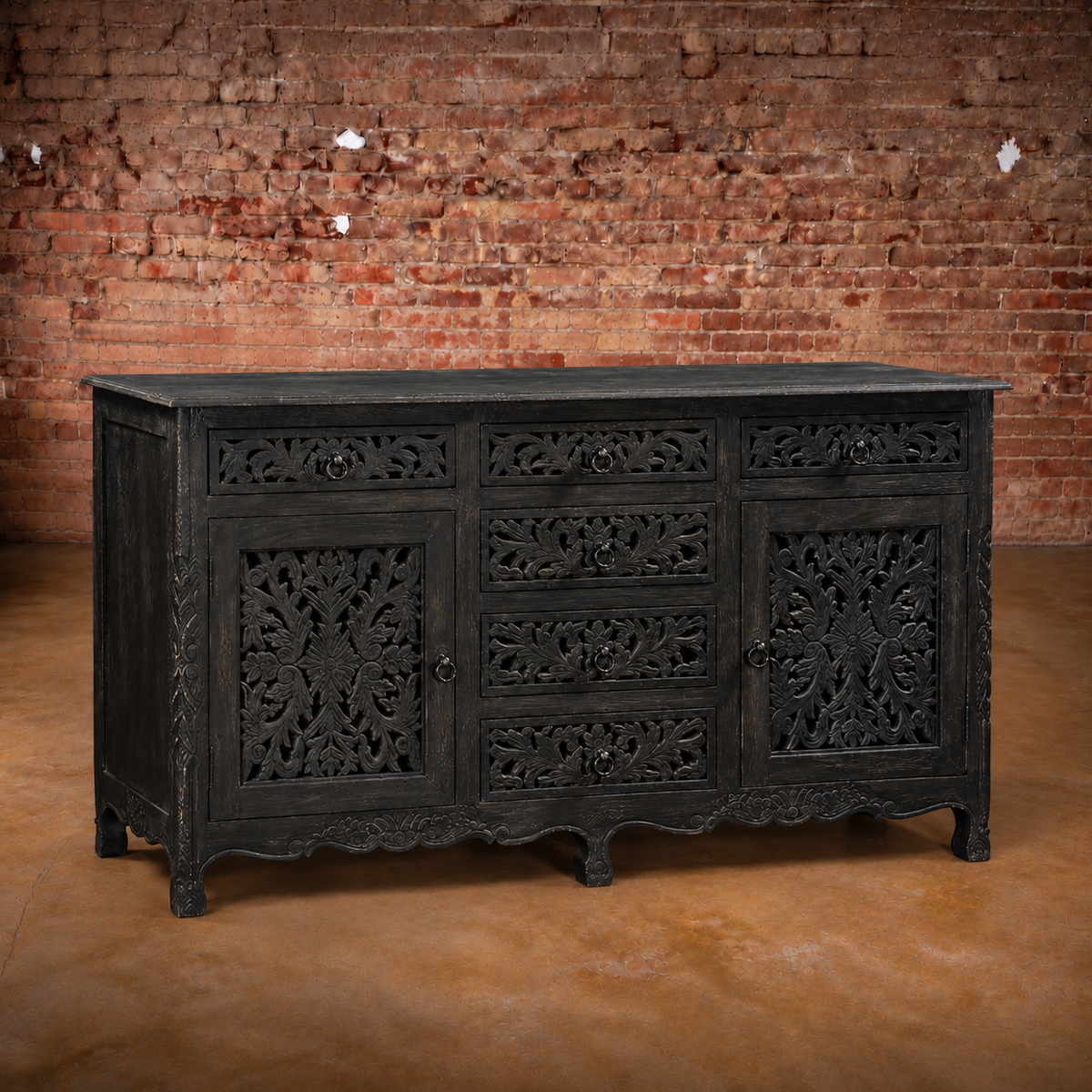 Arabella (2 Door 6 Drawer) Distressed Black Mango Wood Console