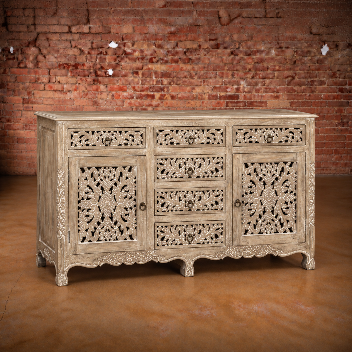 Arabella (2 Door / 6 Drawer) Limestone Grey Mango Wood Console