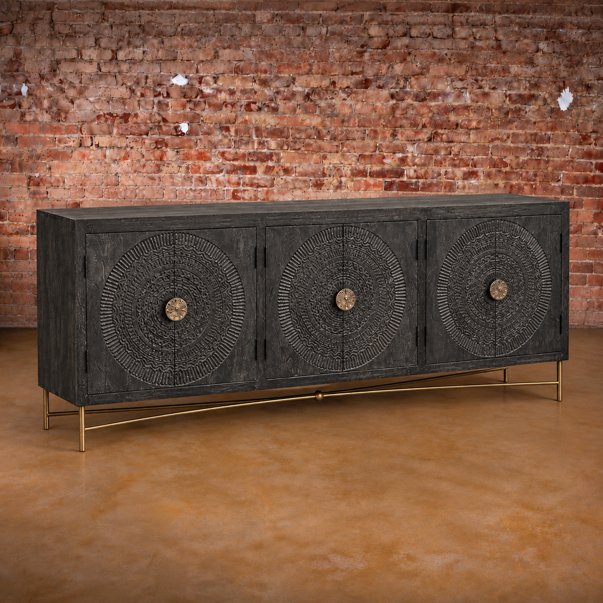 Brooklyn 6 Door Black Carved Sideboard with Metal Base