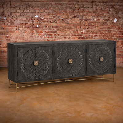 Brooklyn 6 Door Black Carved Sideboard with Metal Base