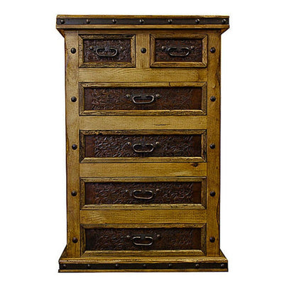 Wooden chest with five drawers featuring intricately carved patterns