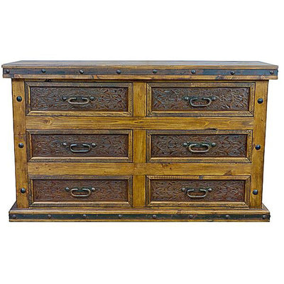 Wooden dresser with six drawers featuring carved floral patterns