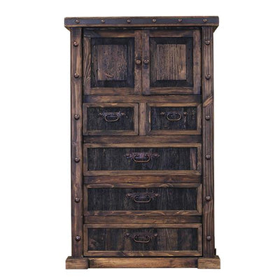 Rustic wooden chest with two doors and five drawers