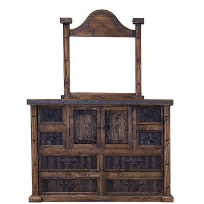 Rustic wooden dresser with mirror, drawers, and cabinet doors