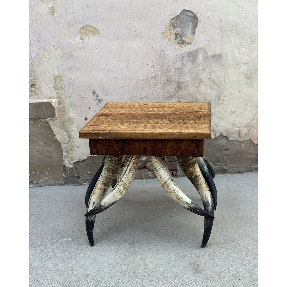 This Lucas Horn Side Table has a classic western style with a horn leg base and distressed wood top. Its design is sophisticated yet rustic, making it the perfect accent piece for any living space. Create a timeless look in your home with this beautiful side table.