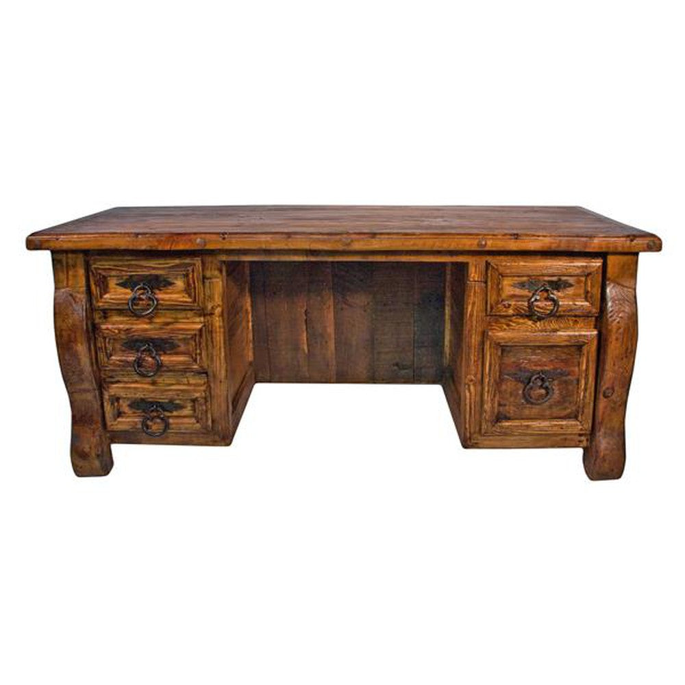 This classic old wood desk is a timeless piece, crafted from recycled wood for an authentic look and feel. The rustic finish and clavos accents complete the piece, ensuring it will stand the test of time. Ideal for adding a vintage touch to any room.