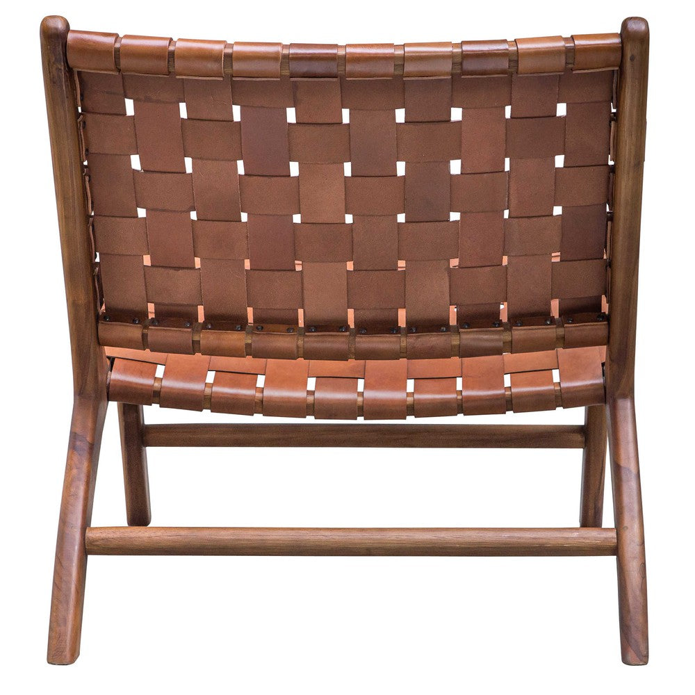 Our Plait Accent Chair is perfect for those looking to bring a mid-century modern flair to their home. Its sturdy teak wood frame, natural finish, and hand-woven cognac leather straps make a strong statement that is sure to enhance any living room. Its convenient 16" seat height makes it perfect for both short and tall users.