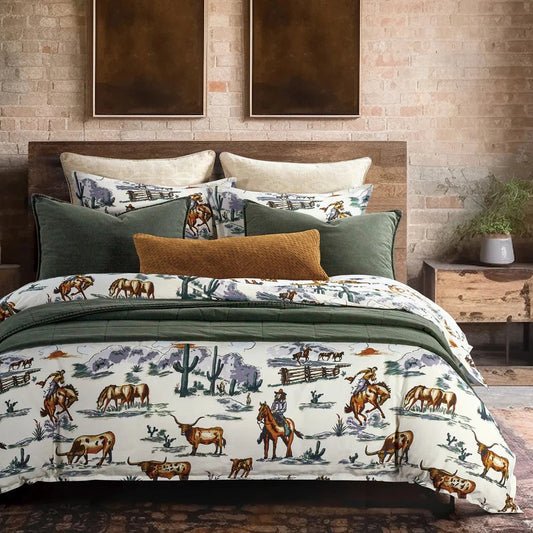 Bring the rustic charm of the Wild West to your bedroom with our Ranch Life Reversible Comforter Set. Featuring vintage hues that capture the vibrant beauty of western life, this comforter set will add warmth and character to any space. With a comforter and a duvet cover included, you'll enjoy the luxury of a reversible set that will always keep you cozy. Welcome in the spirit of the West and say yeehaw to a good night's sleep with this charming comforter set.