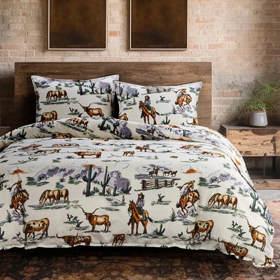 Bring the rustic charm of the Wild West to your bedroom with our Ranch Life Reversible Comforter Set. Featuring vintage hues that capture the vibrant beauty of western life, this comforter set will add warmth and character to any space. With a comforter and a duvet cover included, you'll enjoy the luxury of a reversible set that will always keep you cozy. Welcome in the spirit of the West and say yeehaw to a good night's sleep with this charming comforter set.