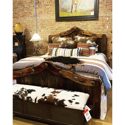 wood bed frame with hammered nailhead accents