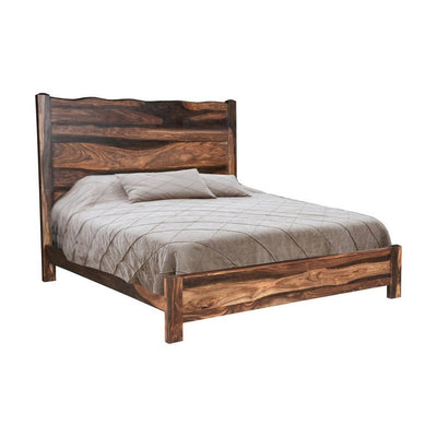 Refined western wood bed frame with smooth headboard in a resort-style bedroom