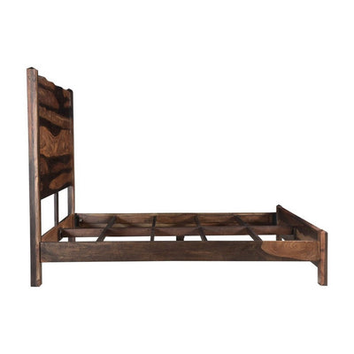 Refined western wood bed frame with smooth headboard in a resort-style bedroom