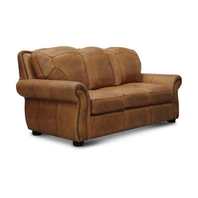 Brown leather loveseat with rolled arms and cushioned seats